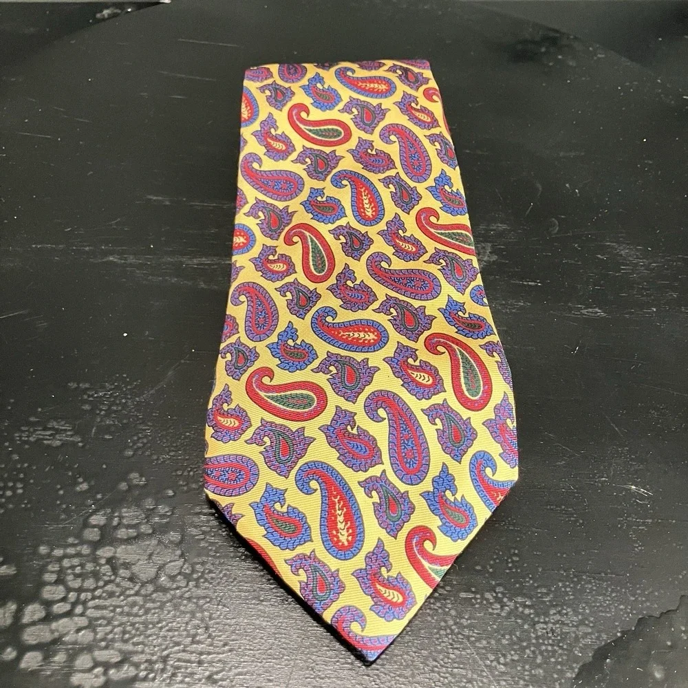 Lauren Ralph Lauren Handmade Silk Necktie Gold Blue Red Paisley Classic Vintage
